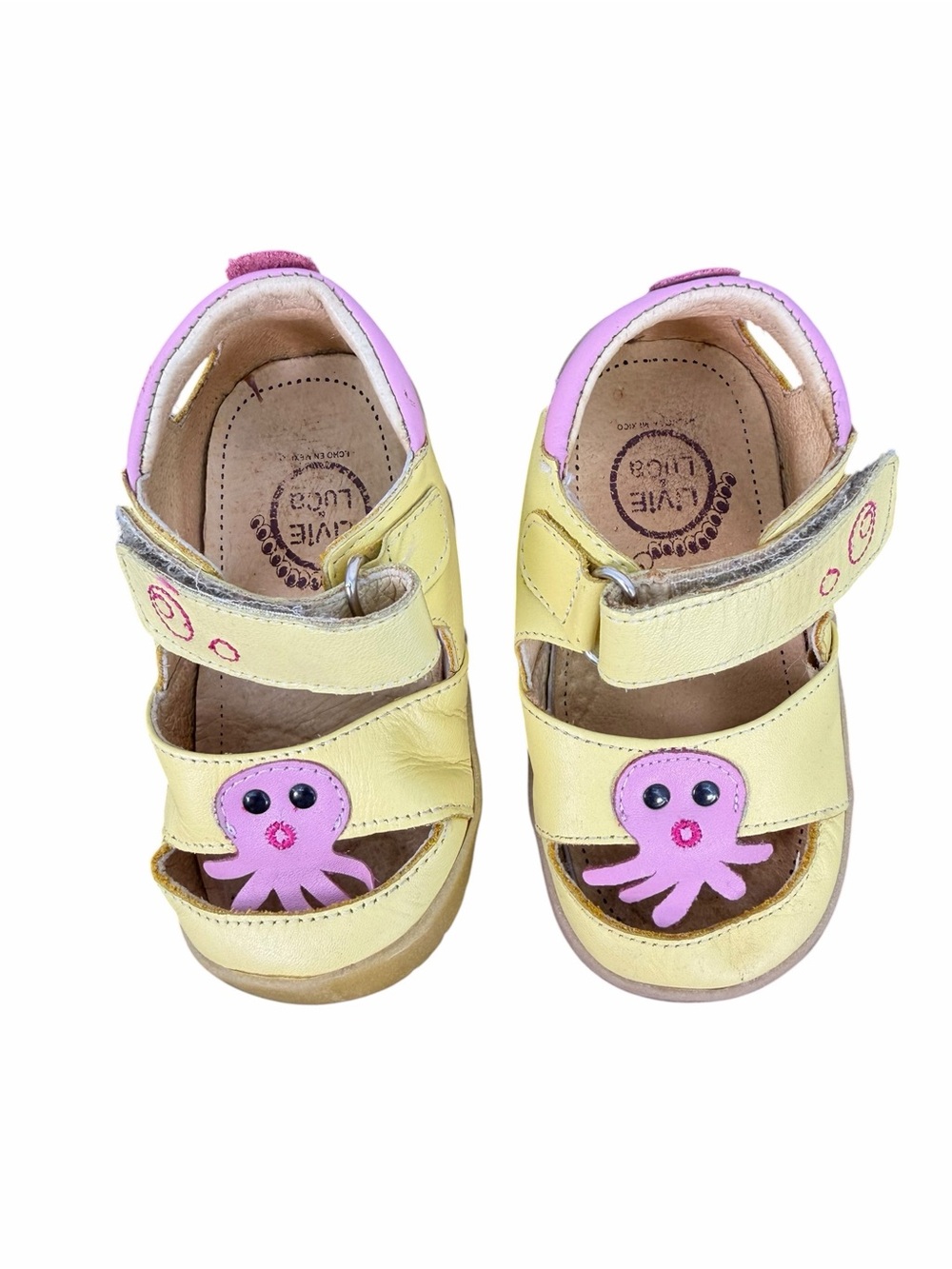 Livie & Luca Yellow and Pink Octopus Leather Kids Sandals